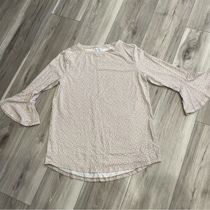 Coolibar Womens Small Iris Ruffle Sleeve Top Beige Geometric Print Knit UPF 50+